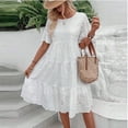 thumbnail image 2 of Qwertyu Women's Lace Eyelet Short Sleeve Tiered Midi Dresses Ruffle Hem Babydoll Summer Casual Dresses White L, 2 of 8