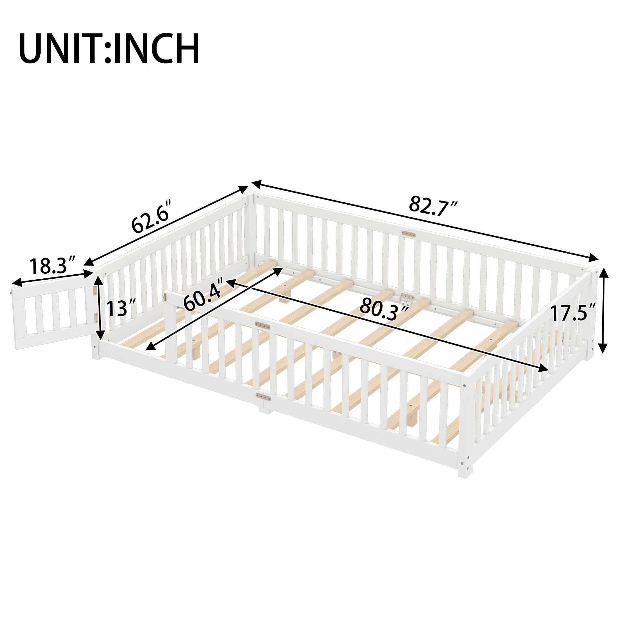 Jopath Queen Size Floor Bed Frame,Montessori Bed with Guardrails and Door,with Slatted Base,for Kids,Boys,Girls,White
