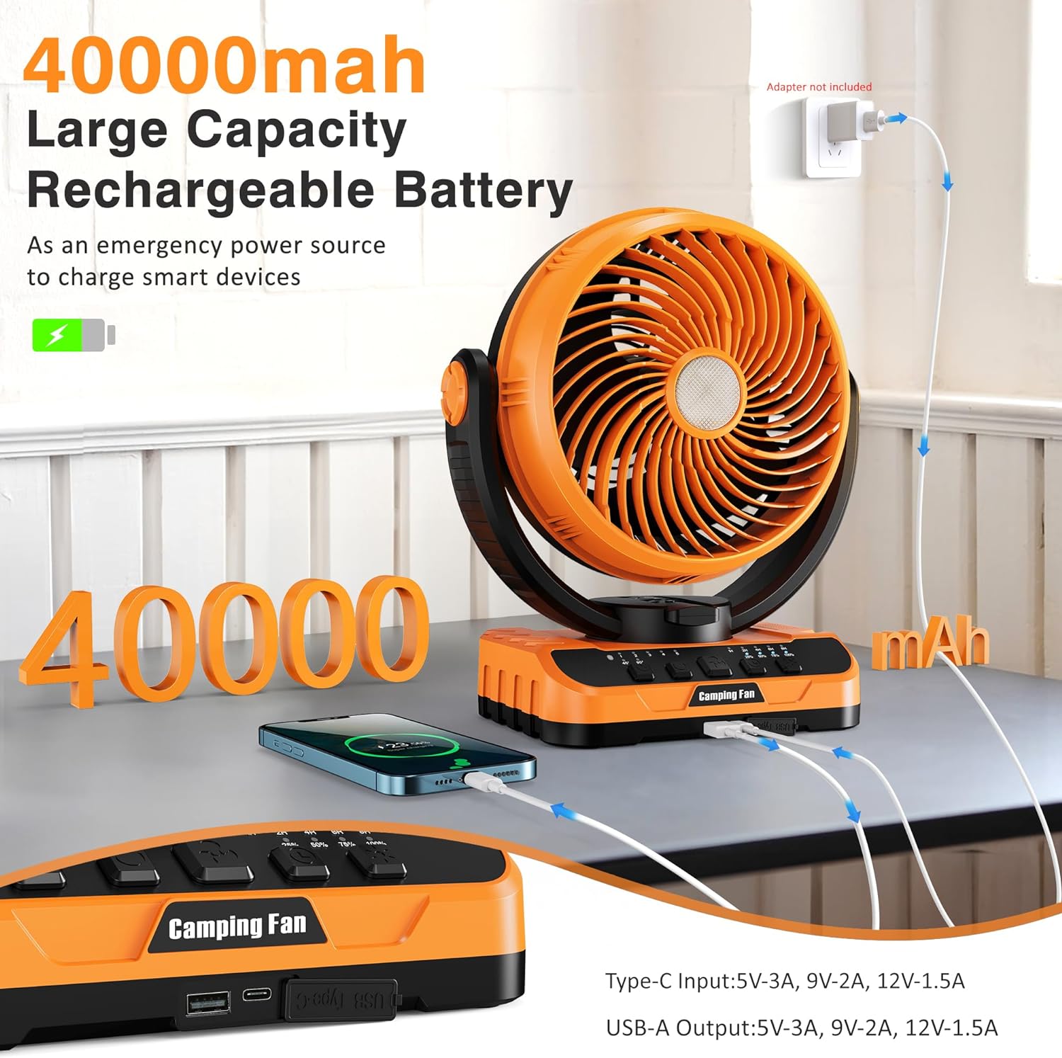 40000mAh Battery Operated Camping Fan - 136H Max Cooling, Rechargeable Battery Powered Oscillating Floor Fan with Charger, Remote & Hook, Portable for Tent Outdoor  Garage Hurricane Power Outage