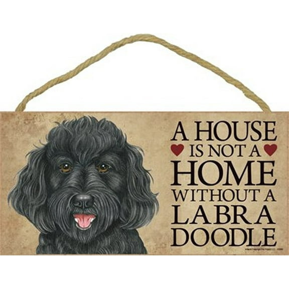 SJT / PCSCP Labradoodle A House is not a Home Without an Labradoodle (Black) - 5" x 10" Wooden Sign with Bonus 1pc. Stand and I Love My Dog 3 Inch Round Decal