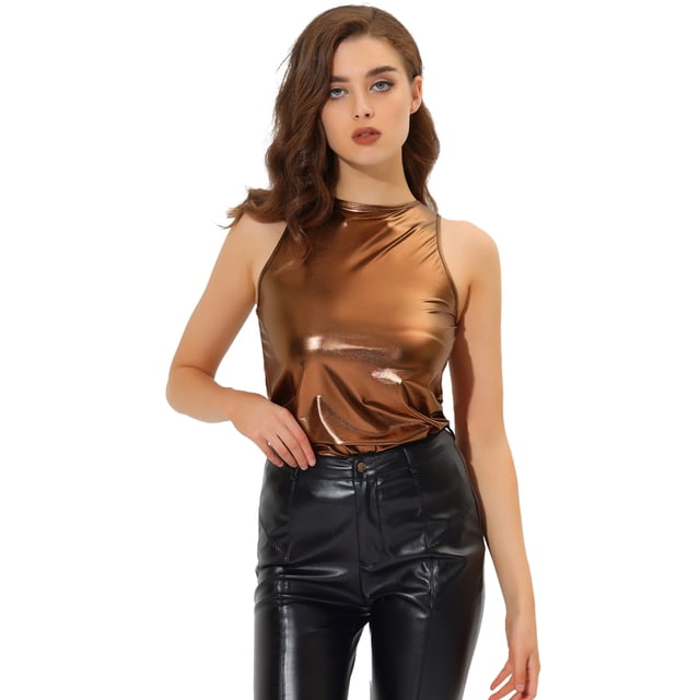 Camiseta Sin Mangas Con Chaleco Brillante Metálico Brillante Allegra K marrón M