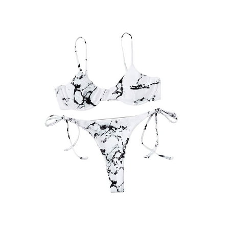 

Seyurigaoka 2Pcs Women Summer Split Swimsuit Set Solid Color/Printed V-neck Bikini + Lace Up Panties