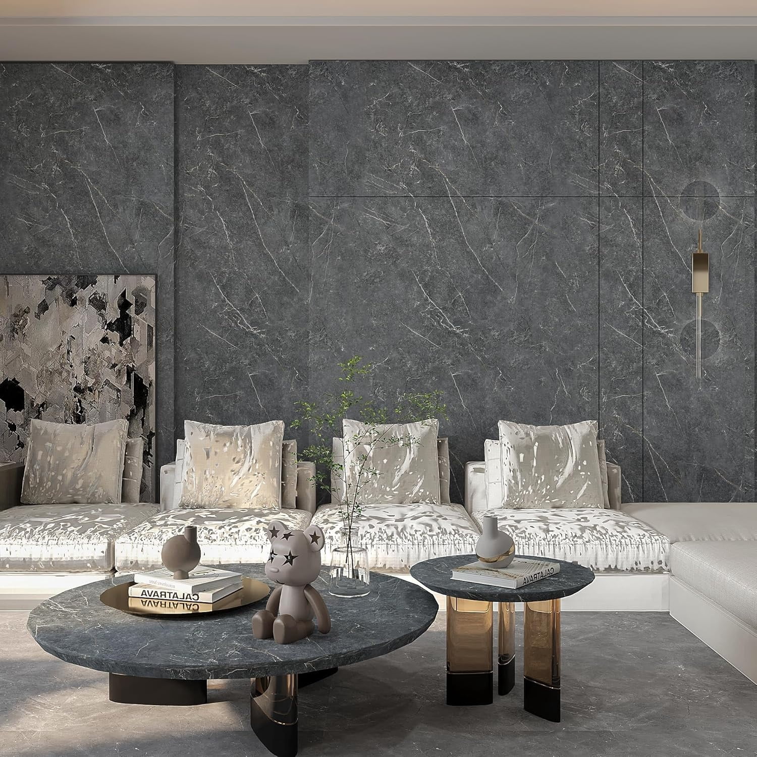 24"x591" Marble Peel and Stick Flooring Roll Vinyl Floor Tiles Waterproof Stick on Flooring Matte PVC Floor Contact Paper for Floors Dark Grey Vinyl Laminate Flooring for Kitchen Bathroom