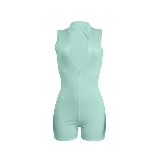 VISgogo Body corto sin mangas para mujer, color sólido acanalado en la parte delantera con media cremallera Slim Fit Jumpsuit Clubwear VISgogo moda