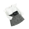 thumbnail image 2 of Kids Girls Autumn Clothes Set with Belt Bag 3 Pieces Long Sleeve Ribbed Tops Short Skirts Outfits for Stage Daily White+gray 130cm, 2 of 10