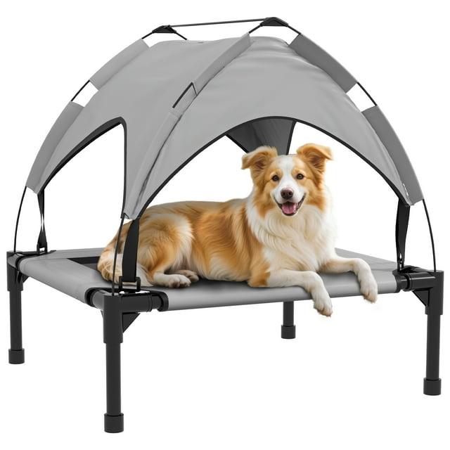 PawHut Lit Surélevé pour Chien, Lit de Camp Rafraîchissant avec Auvent, pour S m Gris Pâle