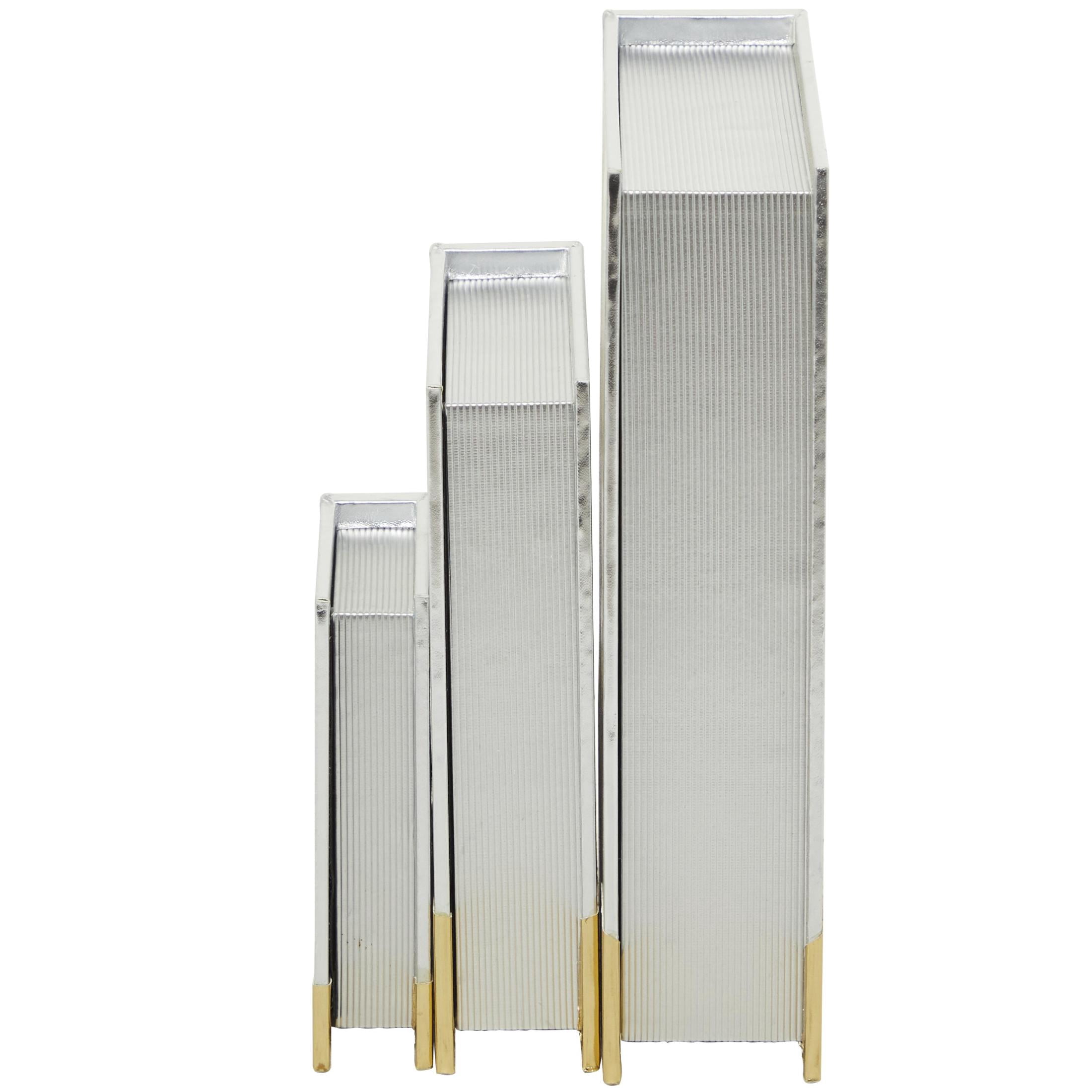 CosmoLiving by Cosmopolitan Metallic Faux Book Storage Silver Faux Leather Decorative Box with Wavy Gold Design, 3 Count