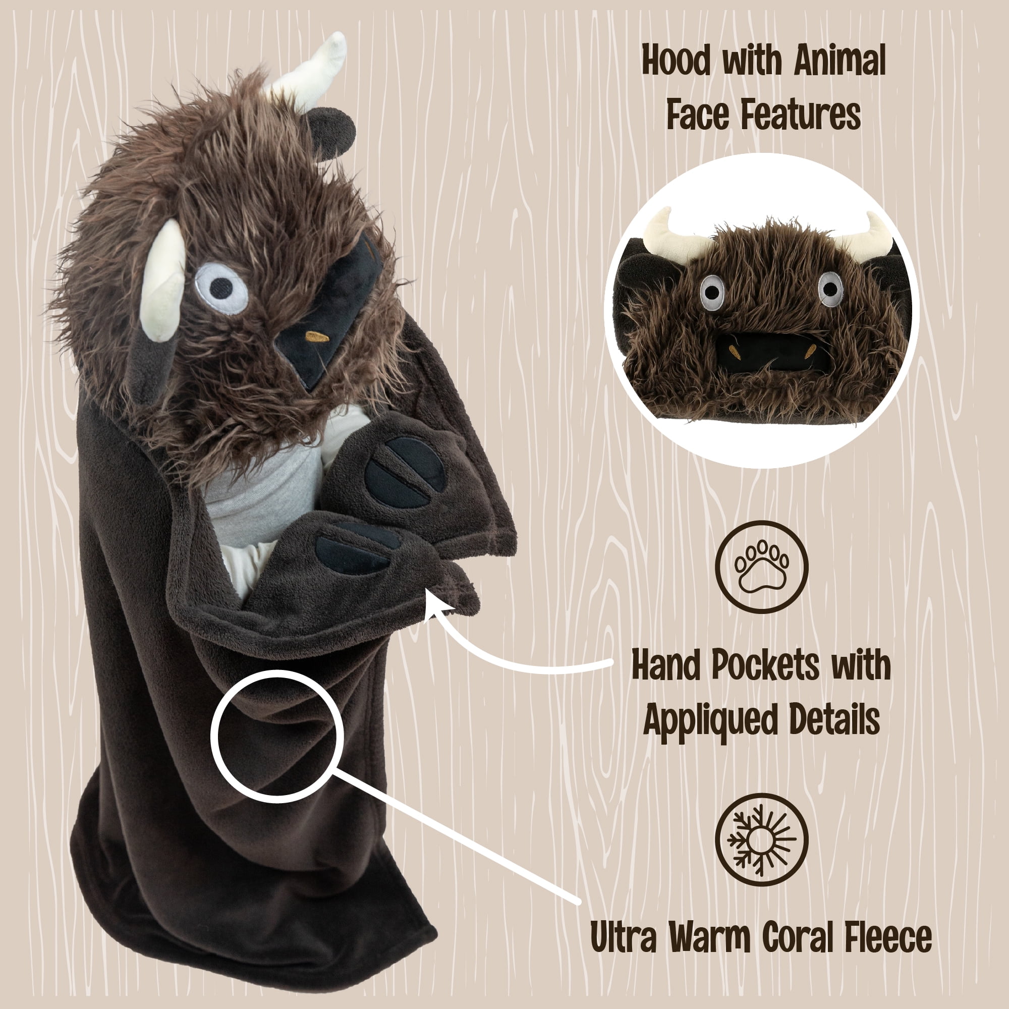 LazyOne Wearable Hooded Blanket for Kids, Animal Hooded Blanket (Buffalo Blanket)
