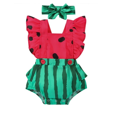 

Canrulo 2pcs Baby Girls Cute Romper 0-24M Watermelon Print Square Neck Fly Sleeve Jumpsuits Headband Red 18-24 Months
