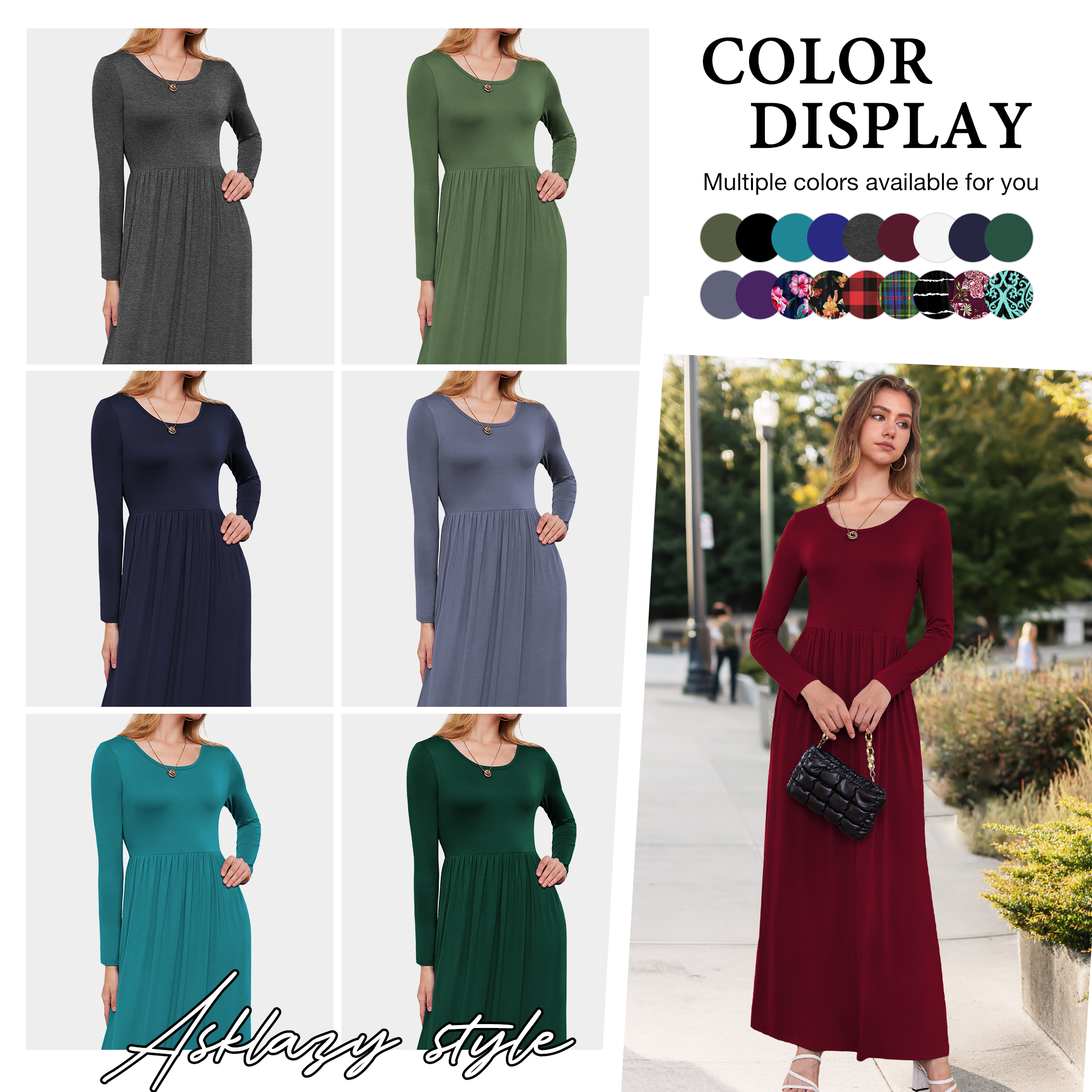 Asklazy Women's Long Sleeve Maxi Dress with Pockets photo 3