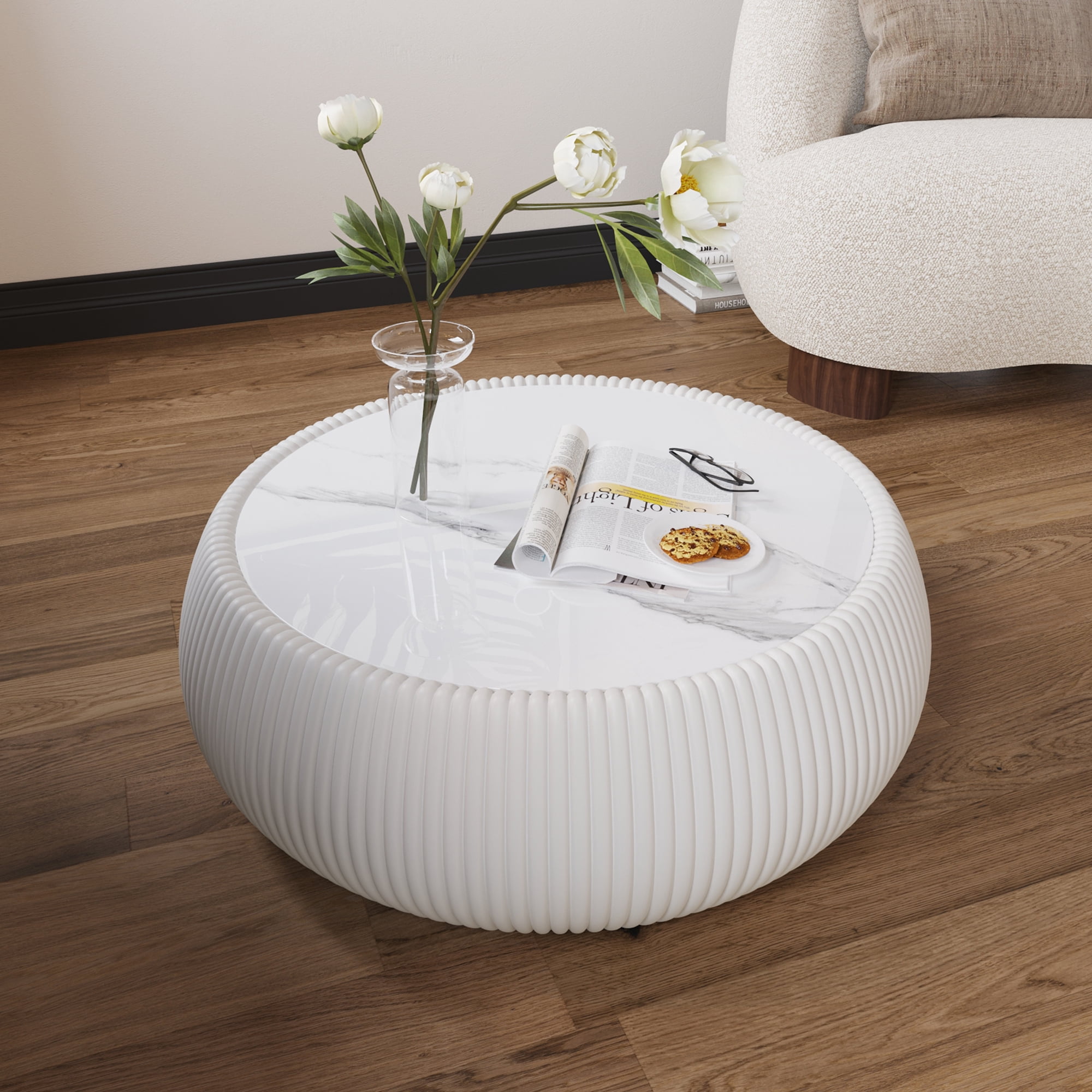 Leumius Round Coffee Table,Cylinder Shape Leather Coffee Modern Sofa Table for Living Room, Bedroom and Outdoor Home Decor White