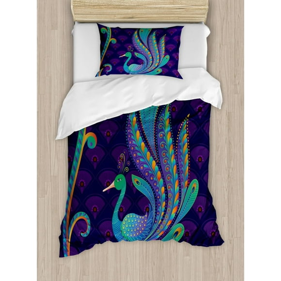 Juego de Funda Nórdica, Pavo Real Pájaro con Pluma Oriental Antes de la Imagen, Juego de Ropa de Cama