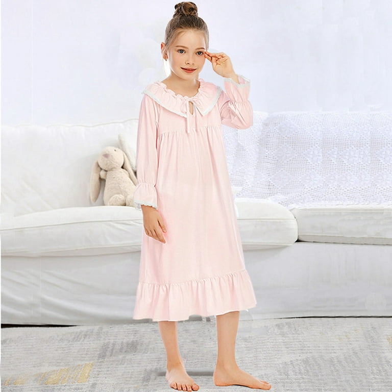 Esho 5-14T Teens Girls Long Sleeve Cotton Nightgown Pajamas Loose Sleep  Dress Sleepwear