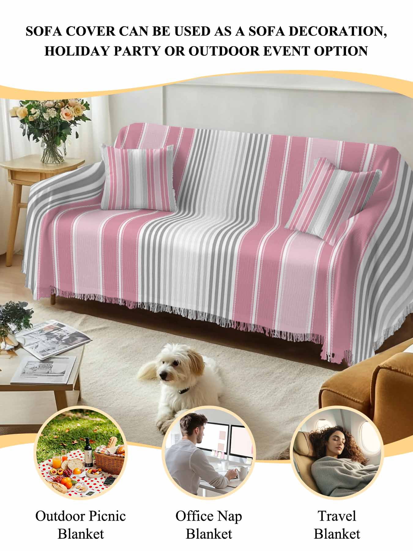 Pink Gray Stripes Couch Cover, Chic Modern Abstract Vertical Lines Sofa Cover Blanket for 2 Seat Cushion,Sectional Sofa Slipcover Furniture Protector for Living Room Bedroom 71''x102''