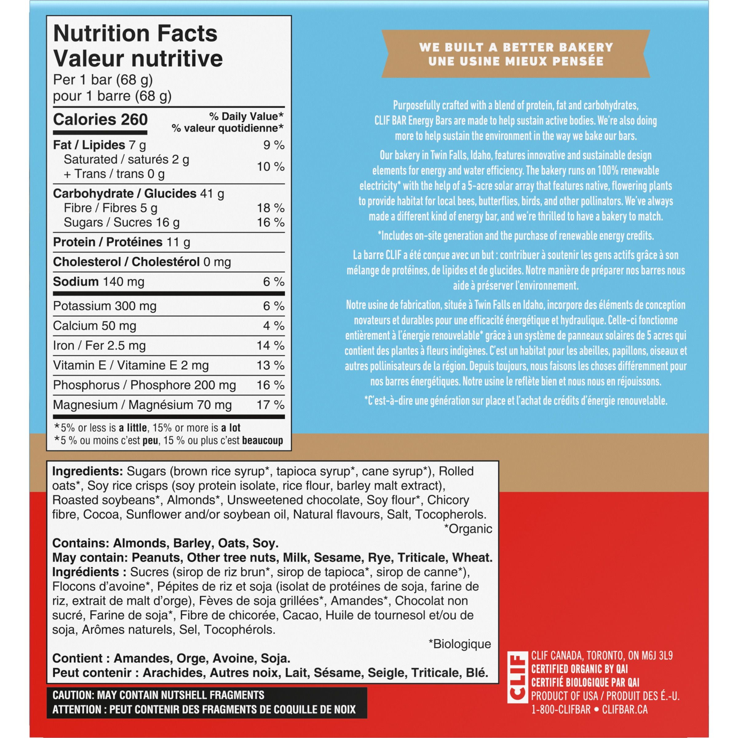 Barres énergétiques CLIF BAR Fondant au chocolat et amandes, teneur élevée en protéines, contiennent 70 % d’ingrédients biologiques,  (Emballage de 5)
