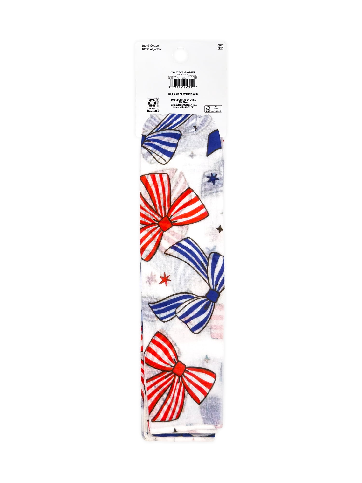 Fourth of July Women’s Striped Bows Bandana from Way to Celebrate, One Size, White/Multi