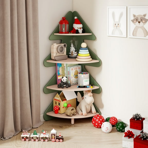 Tree Bookshelf for Kids, 4-Tier Montessori Corner Bookcase, Space-Saving Freestanding Storage Organizer for Books & Toys, Suitable for Kids Room, Playroom, Classroom, Nursery