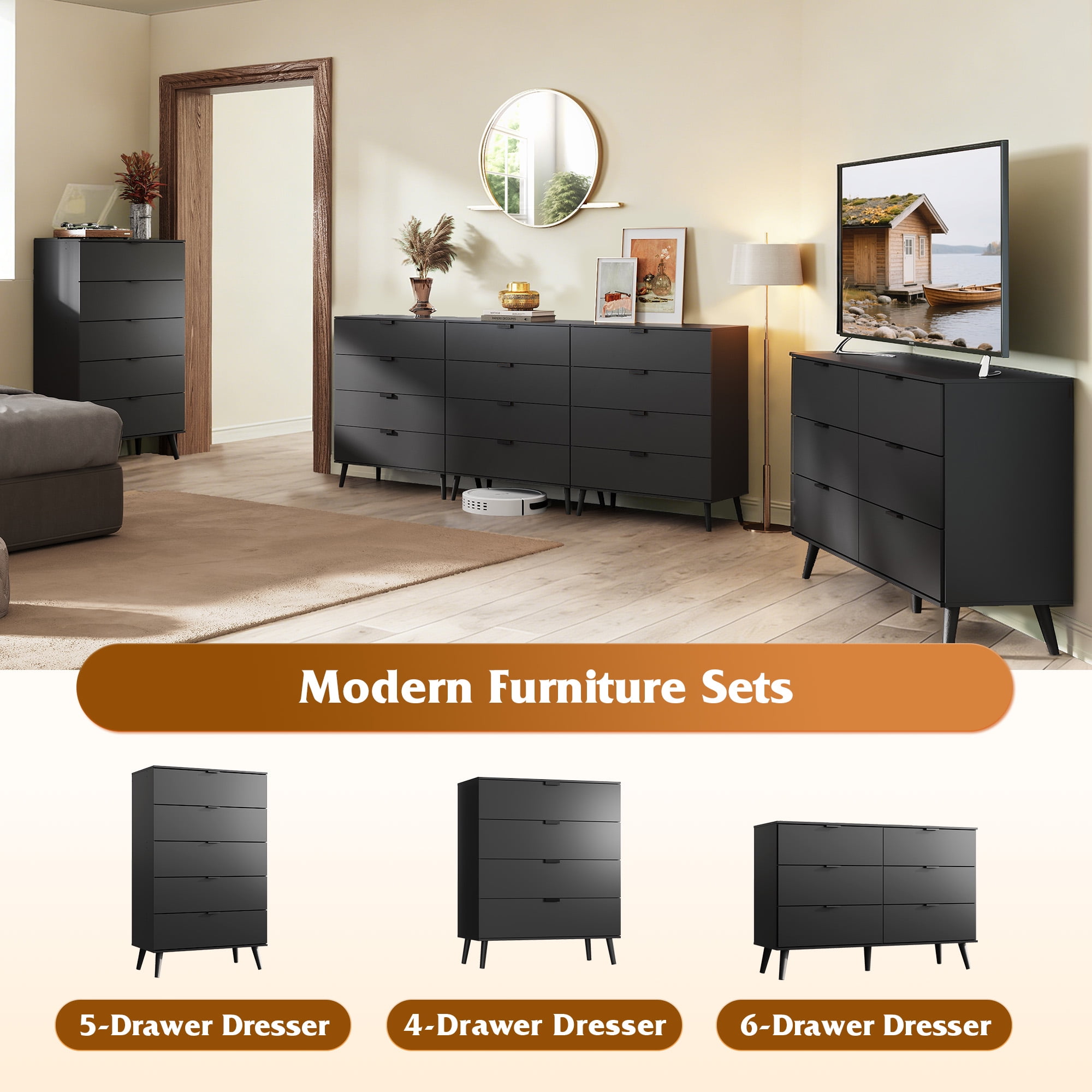 GALAXHERO 6 Drawer Wood Dresser, 47.2" Wide Chest of Drawer with Metal Handles, TV Stand for 55" TV, Double Dresser for Bedroom, Living Room, Hallway, Closet, Black