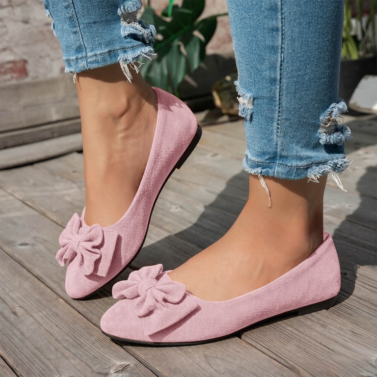dusty pink dress shoes Hewuqi Women's Suede Loafers Fashion Bowknot Comfortable Round Toe Antislip Flat Slip on Casual Work Business Dress Shoes Light Pink Size 9