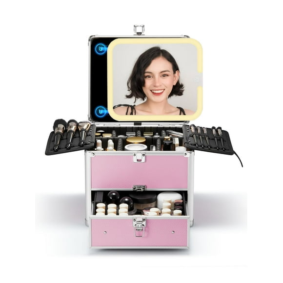 OMIRO Makeup Box with Drawer and Detachable Lighted Mirror Set, Makeup Organizer Case with Magnet Travel Makeup Mirror for Women(ClassicPink)
