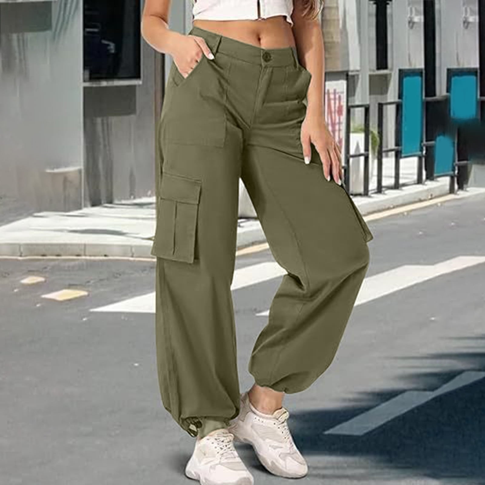 Women's High Waisted Stretchy Cargo Pants with Multi-Pockets & Drawstring Ankle Cuff - Hiking & Yoga Ready Button Straight-Leg Pants Multiple Colors Available - image 3