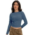 thumbnail image 4 of Womens Shirts Long Sleeve Crew Neck Ruched Stretch Basic Fitted Tee Shirts Tops, 4 of 6