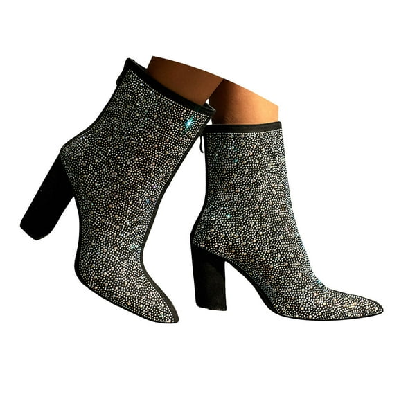 Dakaela Rhinestone Boots for Women Chunky Heeled Sparkly Platform Ankle Booties Wedding Glitter Shoes