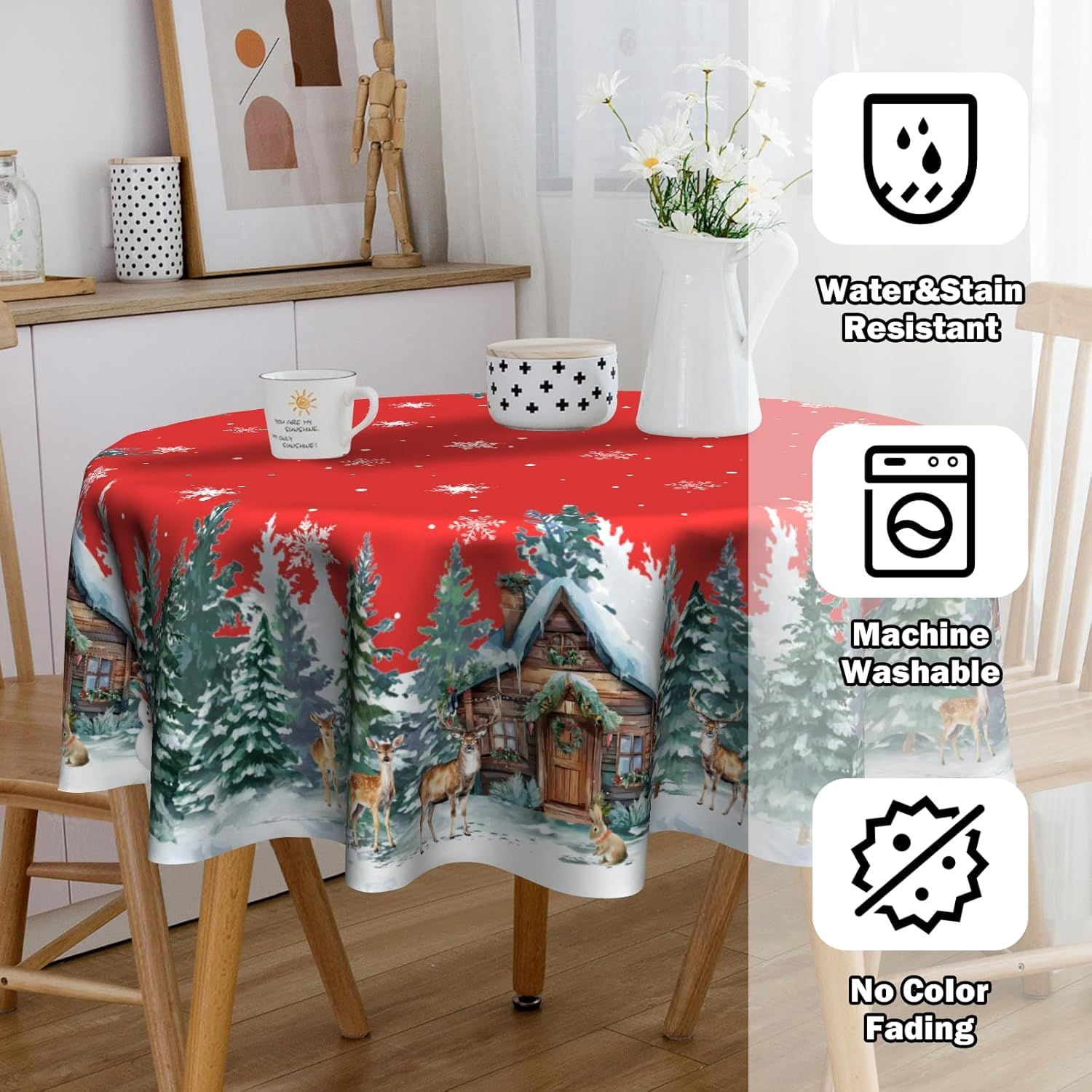 Christmas Round Tablecloth 60 inch Christmas Nativity Table Cloth Xmas Tree Table Cloths Decorations for Home Kitchen Dining Red Buffalo Plaid
