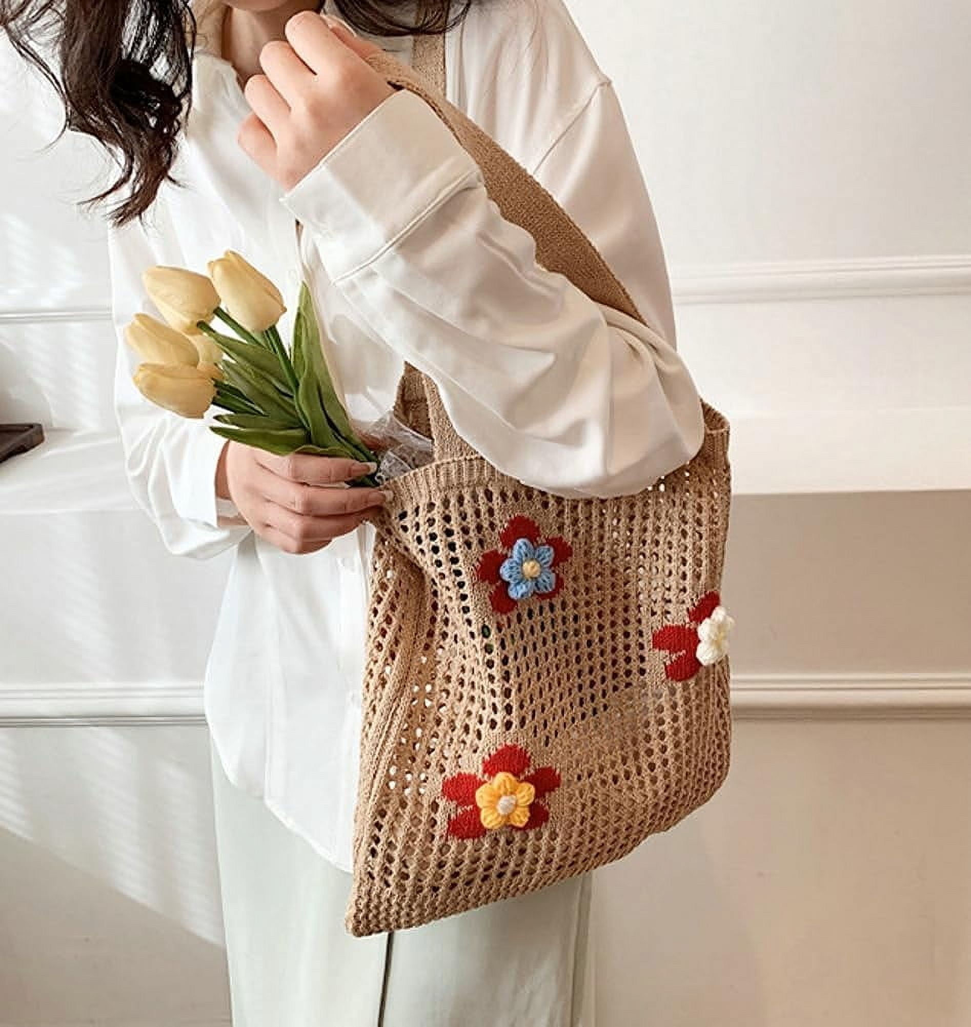 Kukuzhu Women Handmade Crochet Tote Bag Y2k Purse Cute Aesthetic Shoulder Bag Knitted Hobo Bag Mesh Beach Bag