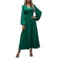 thumbnail image 2 of Karymi Spring Dresses Satin Wrap V Neck Maxi Dress, Long Balloon Lantern Sleeve Ruched Empire Waist Flowy A Line Long Dress, 2 of 6