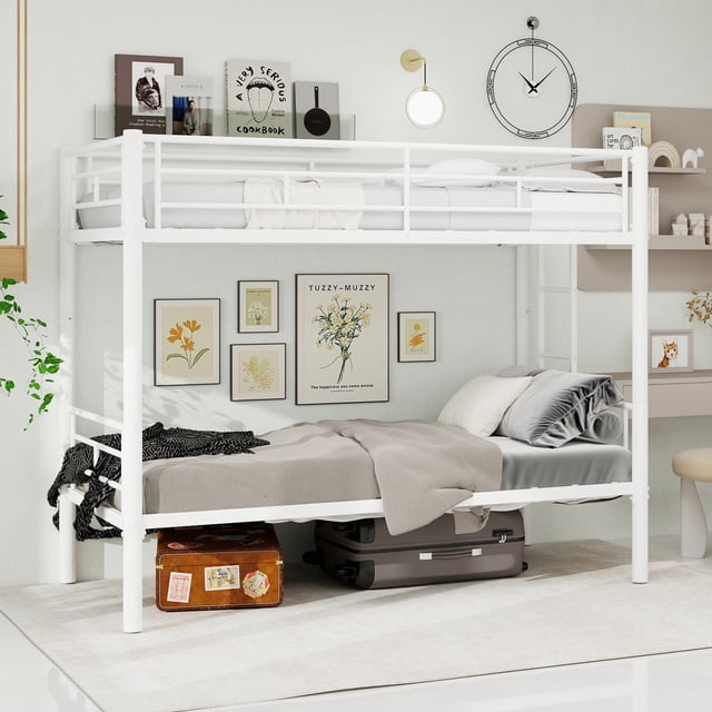 White Detachable Twin Bunk Bed - Space-Saving Dorm Bed Frame