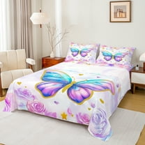 Manfei Dreamy Butterfly Child Bed Sheets, Pink Rose Floral King Sheets, Romantic Valentines Day Sheet Set, Microfiber Bedroom Decor, 4 Pieces