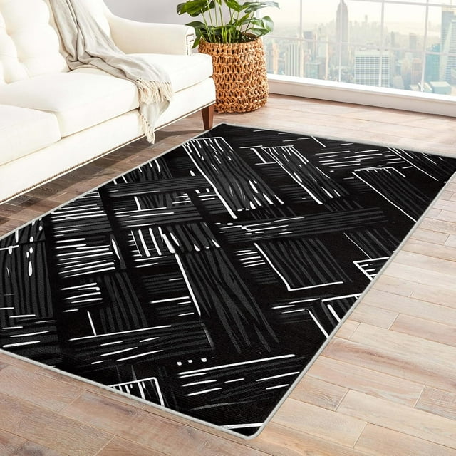 Wood Grain Rugs for Living Room Bedroom - Black Rug 6x9 - Modern Carpet for Home Decor - Washable Non Slip Patterned Indoor Large Area Rug - Soft & Low Pile (ZJ&553)