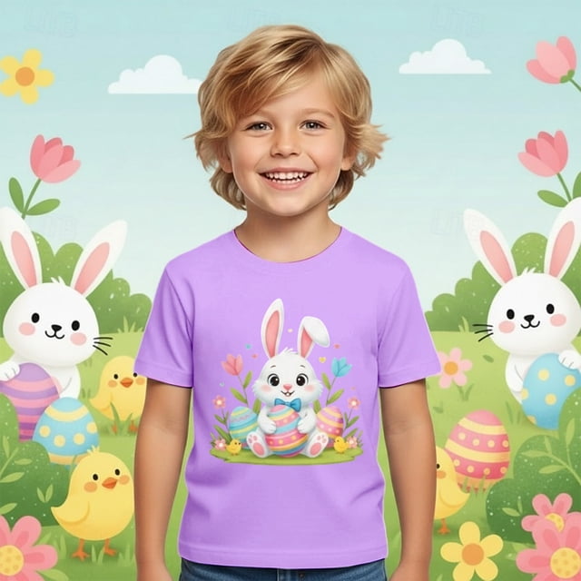 T-Shirt Graphique à Manches Courtes pour Garçons, Doux et Décontracté, Imprimé Coloré pour Pâques