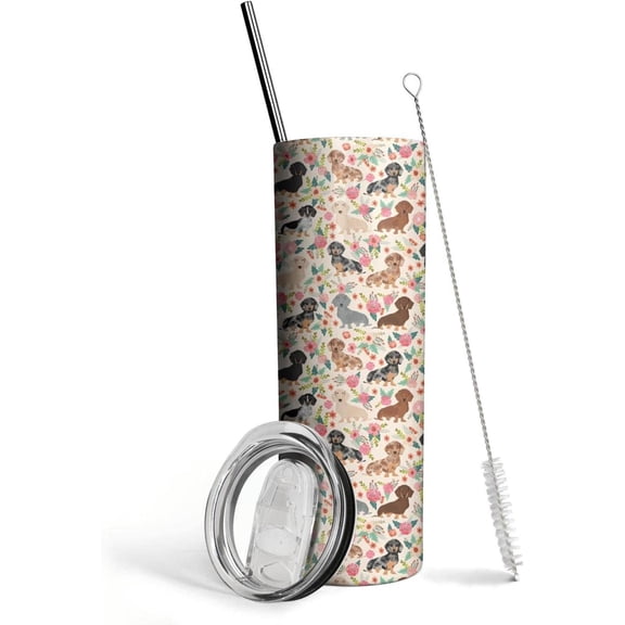 Dachshund Dog & Flower Tumblers 20 OZ White Pattern Travel Cup Iced Stainless Steel with Lid Insulated Coffee Mug Gifts