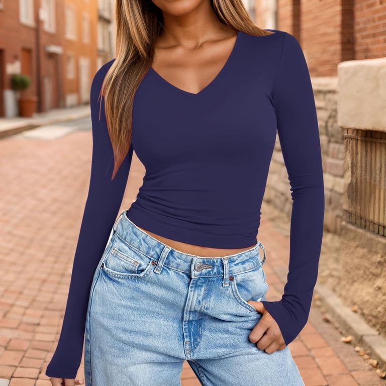 Florboom Women's Cold Shoulder T-Shirt - Baggy U-Neck Blouse With 3/4 Bell Sleeves, Navy Blue, Size L