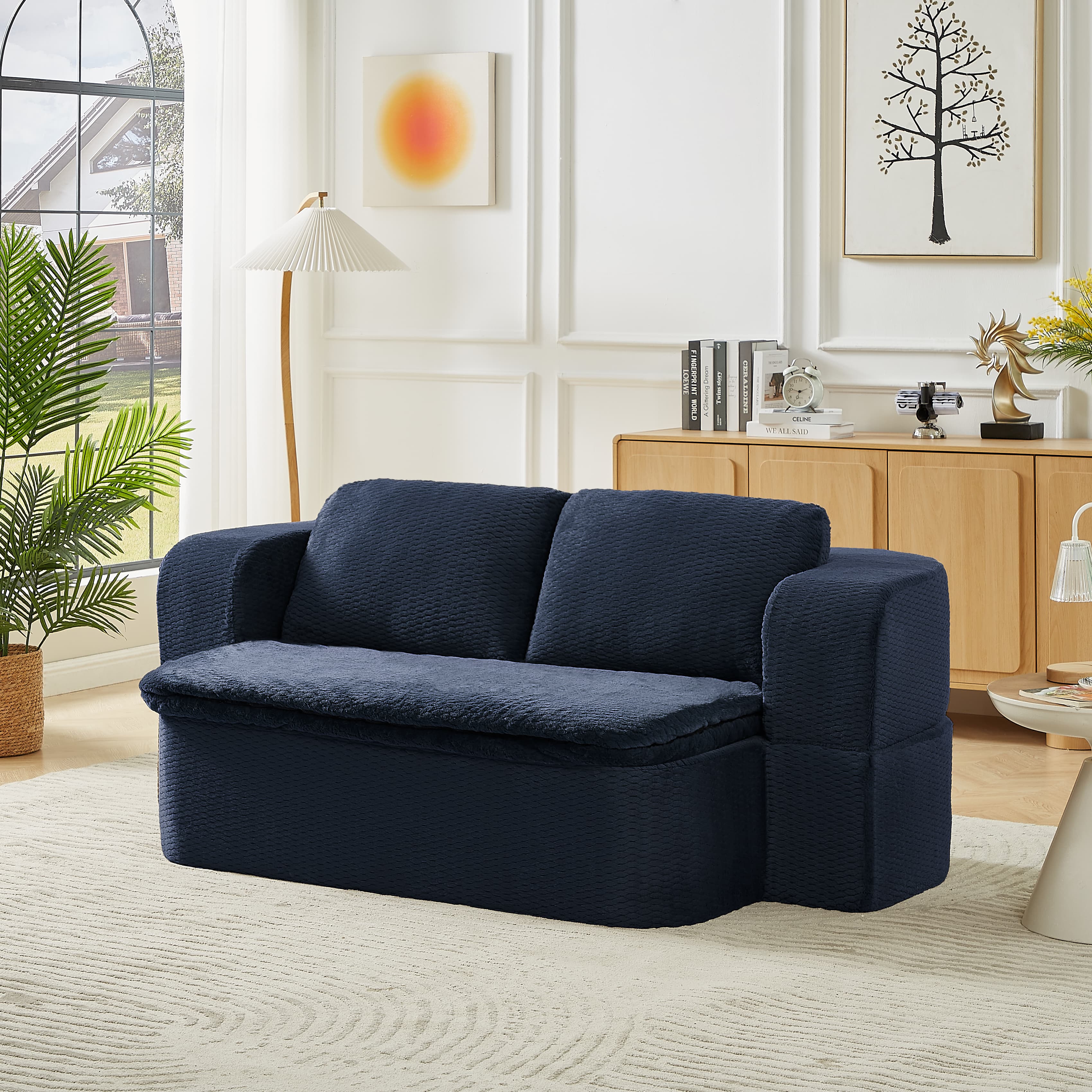 Aukfa Full Size 2-in-1 Convertible Sofa Bed – Pull-Out Futon with Blanket, Space-Saving Sofa for Living Room/Guest Room, No Assembly,Blue