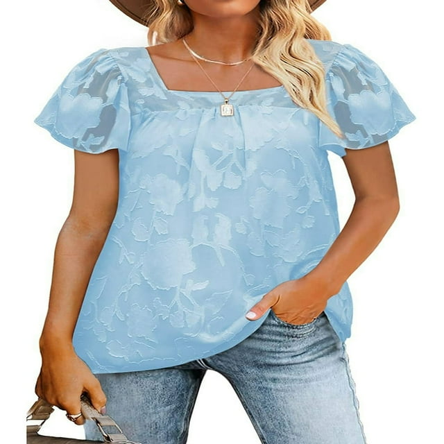 T-shirt pour Femmes à Encolure Carrée, Manches Courtes, Jacquard, Coupe Ample, Hauts d'Été
