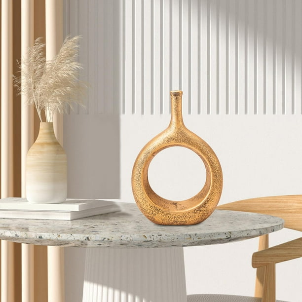Jarrón de cerámica circular de estilo bohemio nórdico, florero, jarrón de Donut, jarrón redondo para mesa de hogar, escritorio, adornos para el salón Dorado Soledad jarrón de donas