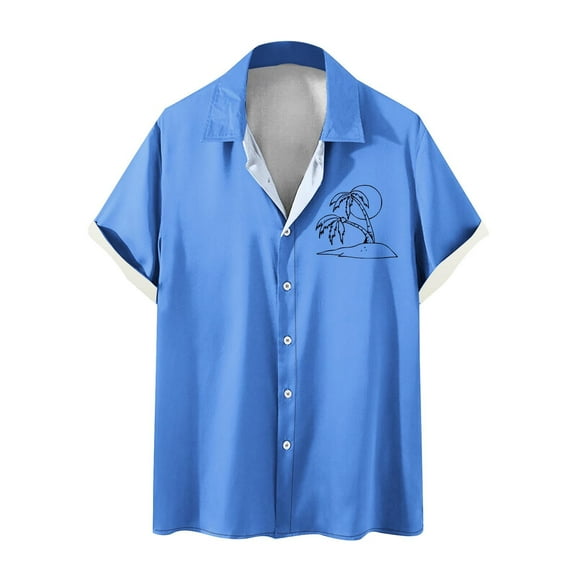 WREESH Men's Button Down Shirts Fashion Comfortable Printed Short Sleeve Turndown Collar Shirts Trendy Casual Tops Blue
