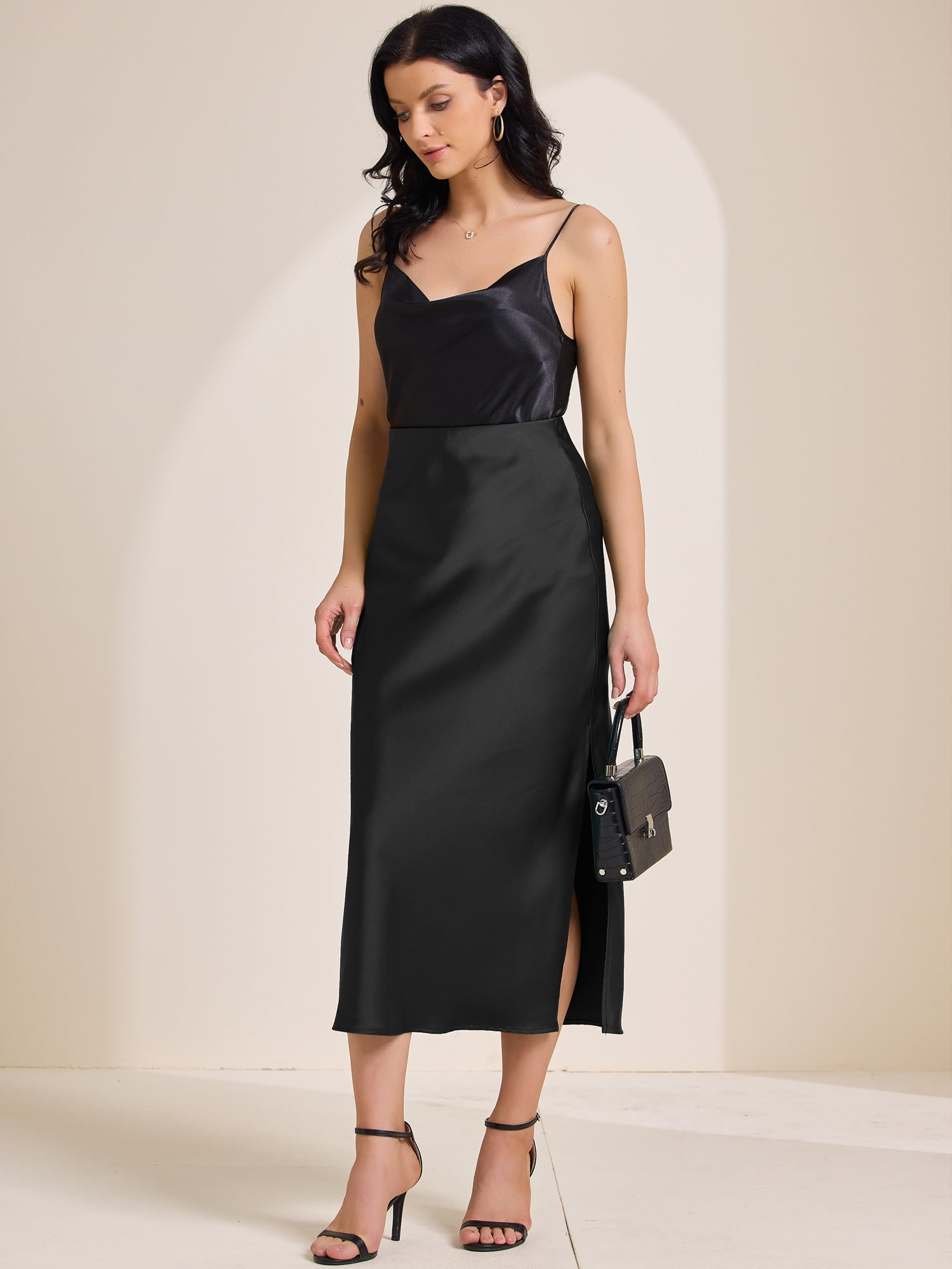 DARING DIVA Women's Satin High Waist Elastic Waist Split A Line Midi Skirts M Black