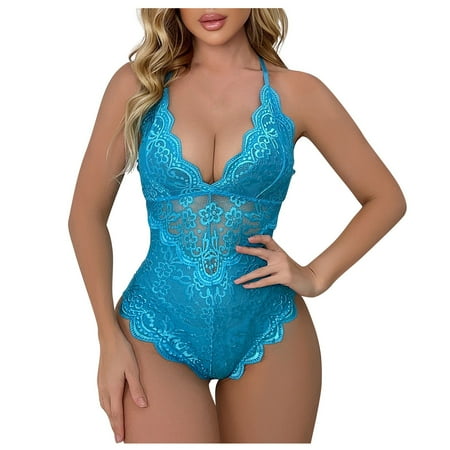 

KDDYLITQ Women Lace Halter Teddy Babydoll Bodysuit Sexy One Piece Snap Crotch Lingerie Sky Blue XXL
