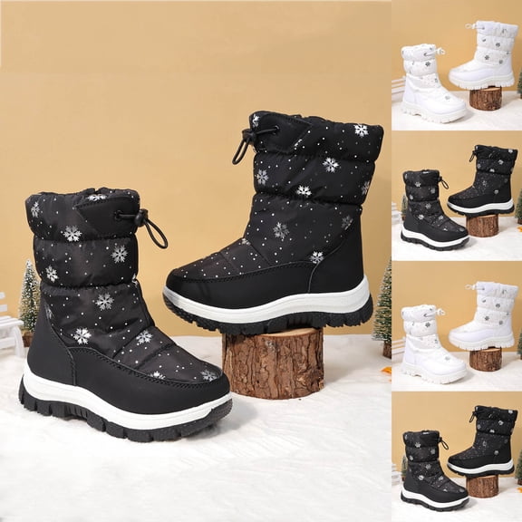 THDHVS Kids Snow Boots,Winter Boots for Girls,Big Kids Tall Snow Boots with Snowflake Prints Full Fleece Lining and Flexible Sole for All-Day Winter Comfortable White 4.5-5 Years