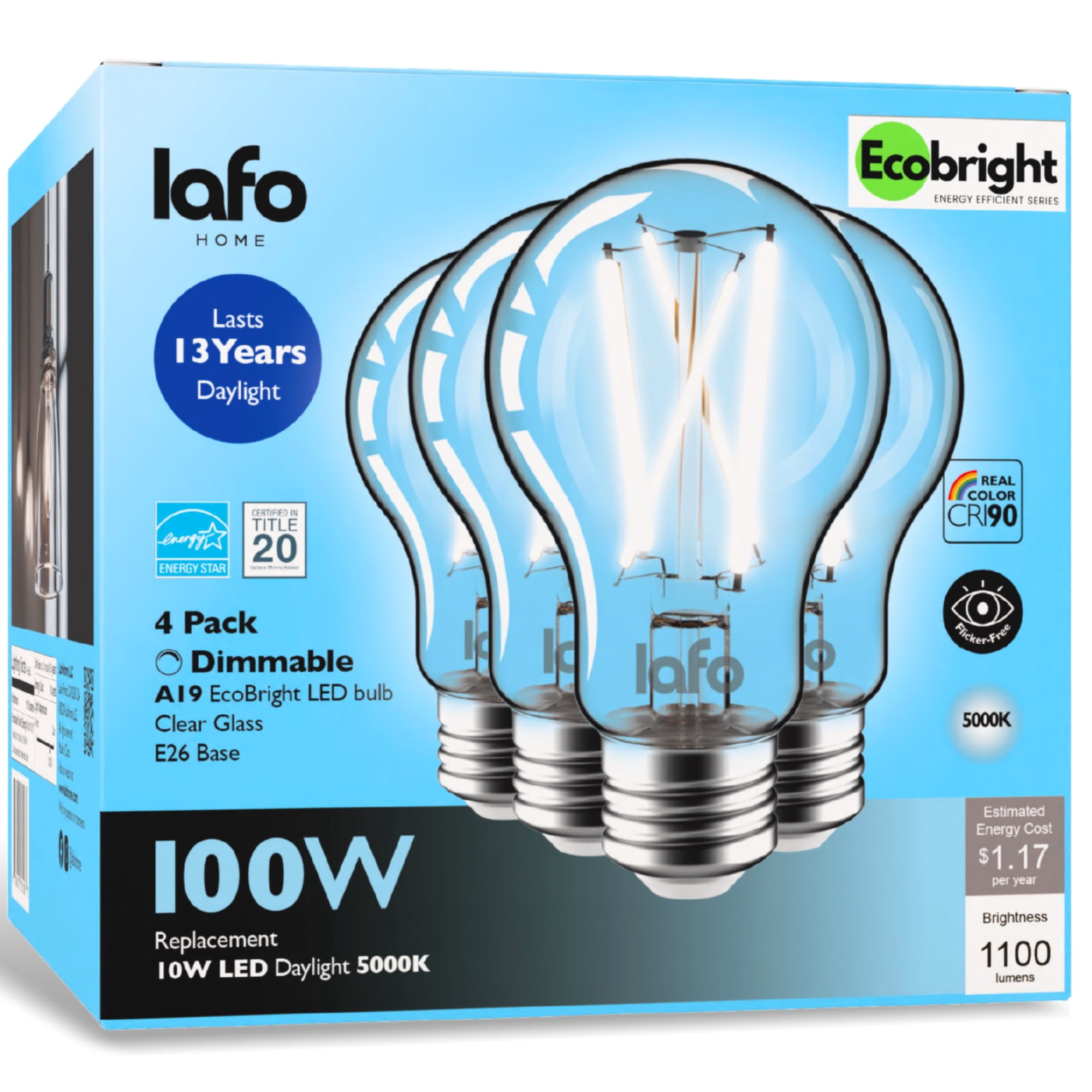LafoHome EcoBright A19 LED Filament Bulb, 1100 Lumens, 100W Equivalent, 5000K Daylight, Dimmable, 4-Pack