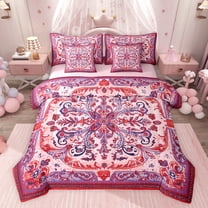 Feelyou Retro Hippie Damask Bedding Comforter Set 7pcs for Women, Red Purple Boho Paisley Queen Bedding Sets, Southwestern Fashion Reversible Queen Sheet Sets, Ultra Soft Bedroom Decor