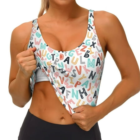 Qokaie Scandinavian Alphabet1 Pattern Womens Scoop Neck Sports Bra Breathable Workout Vest Padded U Back Medium Impact Fitness Gym Yoga Bra Workout Crop Top