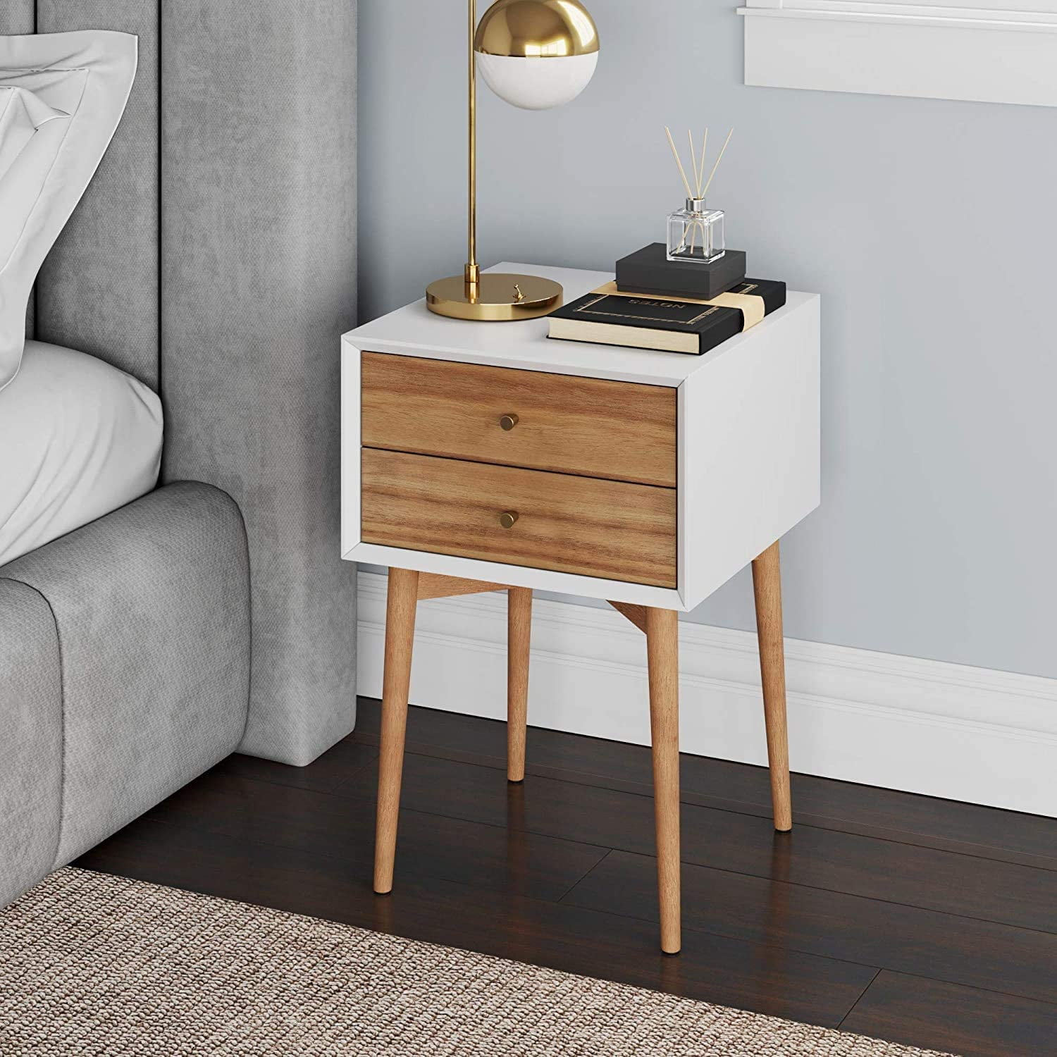 Giantex End Side Table Nightstand with Storage Drawer and Shelf, Wood Nightstand with 2-Drawers, Solid Wood Legs Living Room Bedroom Furniture