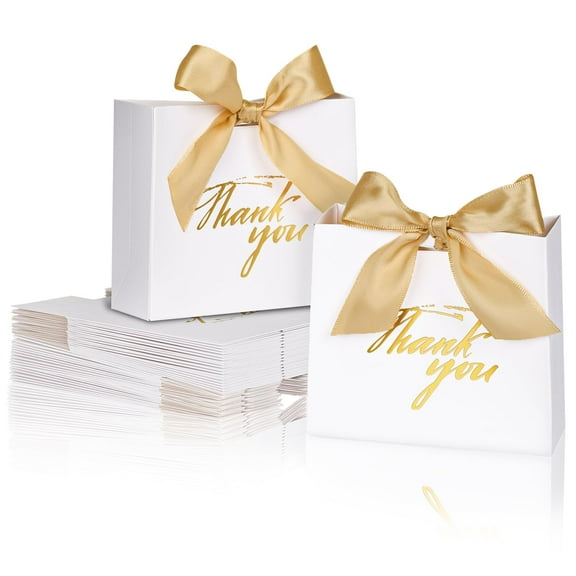 50Pack Small Thank You Bags Bulk,4.5x3.9x1.8 Inch Mini Gift Bags,Small White Gift Bags with Ribbon,Party Favor Bags