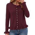 thumbnail image 2 of vigerkar Womens Casual Ruffle Cardigan Sweaters Button Up Crew Neck Long Sleeve Sweater Cute Soft Knit Tops (Wine, L), 2 of 7