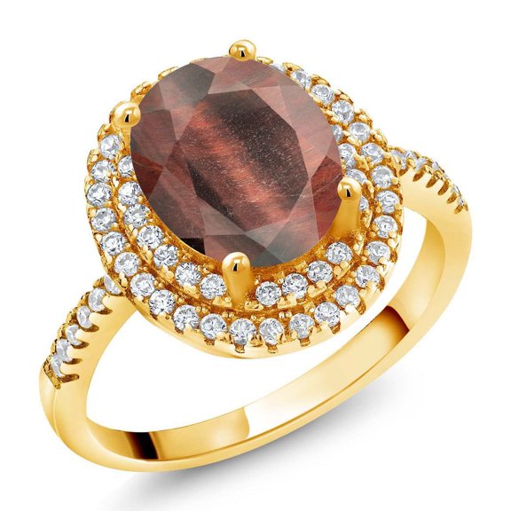 Gem Stone King 18K Yellow Gold Plated Silver Ring Tiger Eye Moissanite (1.93 Cttw)